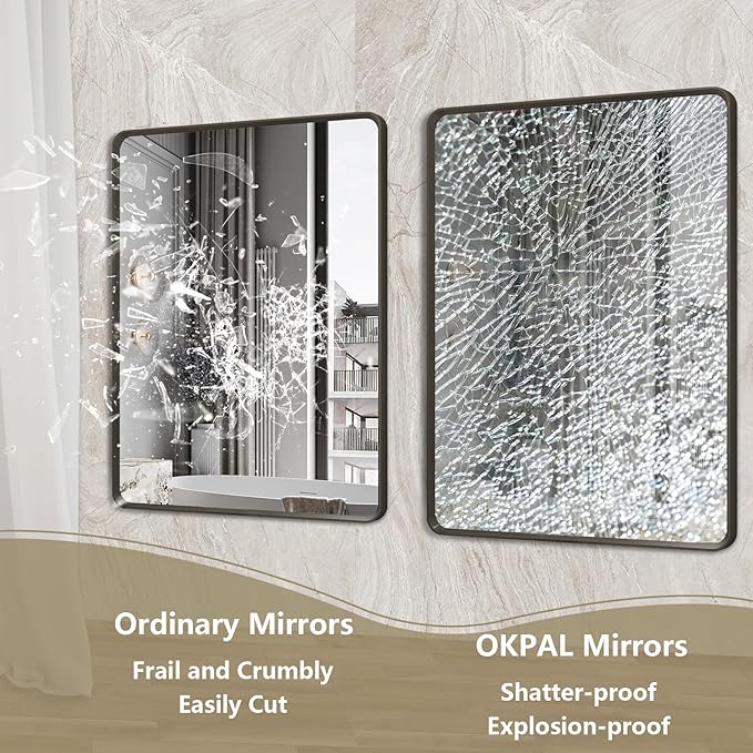 OKPAL 30X36 Inch Matte Black Metal Frame Bathroom Mirror for Wall, Black Bathroom Vanity Mirror Farmhouse, Black Rounded Rectangle Mirror, Anti-Rust, Tempered Glass (Horizontal/Vertical)