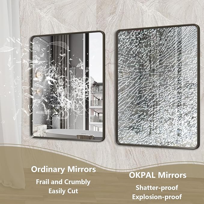 OKPAL Black Bathroom Mirror for Wall, 55X30 Inch Bathroom Vanity Mirror for Over 2 Sink, Metal Frame Rectangle Mirror, Rounded Corner, Anti-Rust, Shatterproof
