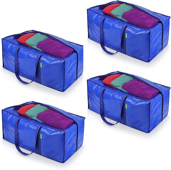 Creative Green Life Extra Large Moving Bags and Clothing Storage Bins with Strong Zipper & Carry Handles, Stackable, Heavy Duty Packing Moving Boxes for College Dorm Room Essentials (Blue, 4 Pack)
