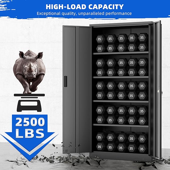 Superday Metal Storage Cabinet, 72" Garage Storage Cabinets with Lock, Black Metal Cabinet with 2 Doors and 4 Adjustable Shelves for Home Office, Classroom, File, Easy Assemble