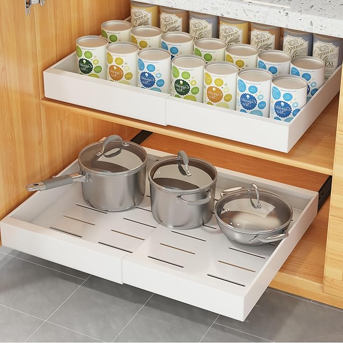 COVAODQ 1 Pack Pull Out Cabinet Organizer Extendable Sliding Slide Out Pantry Shelves Storage No Punch for Kitchen Base Cabinet Organization, Pantry, Bathroom Adjustable Width 12.4" to 20.4"