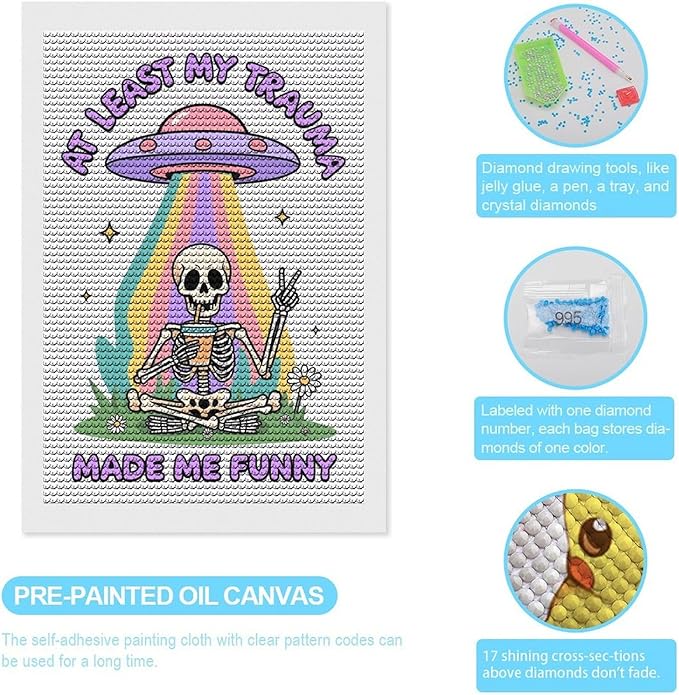 KIVJMSIDJA Skull Skeleton “At Least My Trauma Made Me Funny” Diamond Art Kits for Adults for Beginners, 5D Full Diamond Art Paint 8"x12"