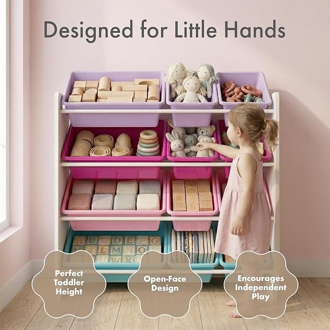 Humble Crew Kids Toy Storage Organizer with 12 Plastic Bins, White/Pink/Purple/Turquoise – Removable Bins for Playroom, Bedroom, Toddler Furniture for Boys and Girls Ages