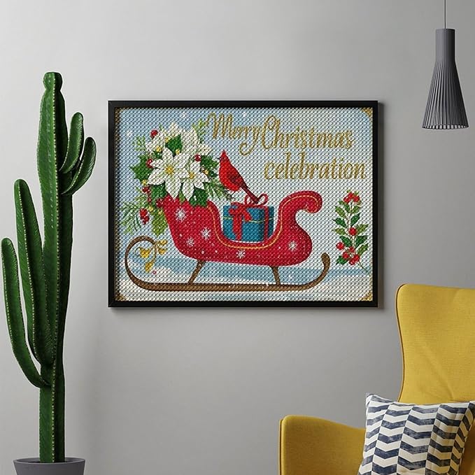 Diamond Painting Kits for Adults - Red Sleigh with Poinsettias, Cardinal Bird Merry Christmas Painting DIY 5D Full Drill Diamond Dots Paintings with Diamonds Gem Art And Crafts Home Decor 12"x16"
