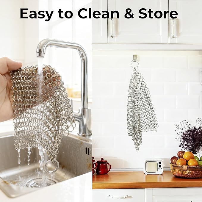 Amagabeli Cast Iron Cleaner 8"x6" Premium Stainless Steel Chainmail Scrubber Cast Iron Skillet Cleaner for Pan Pot Wok Griddles BBQ Grills Cast Iron Cleaning
