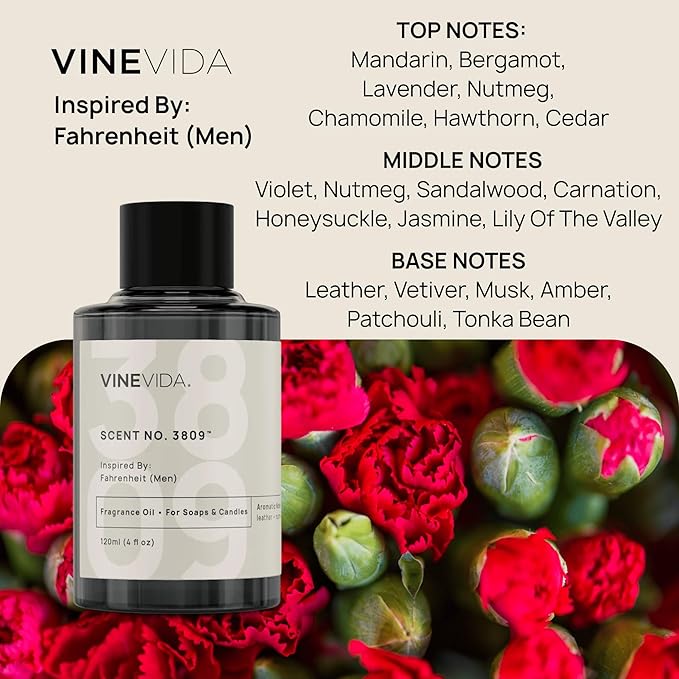 VINEVIDA [4 Oz] Scent No. 3809 Inspired by Fahrenheit (Men); Fragrance Oil for Candle Making and Soap Making - Premium Candle Scents for Soy Candles