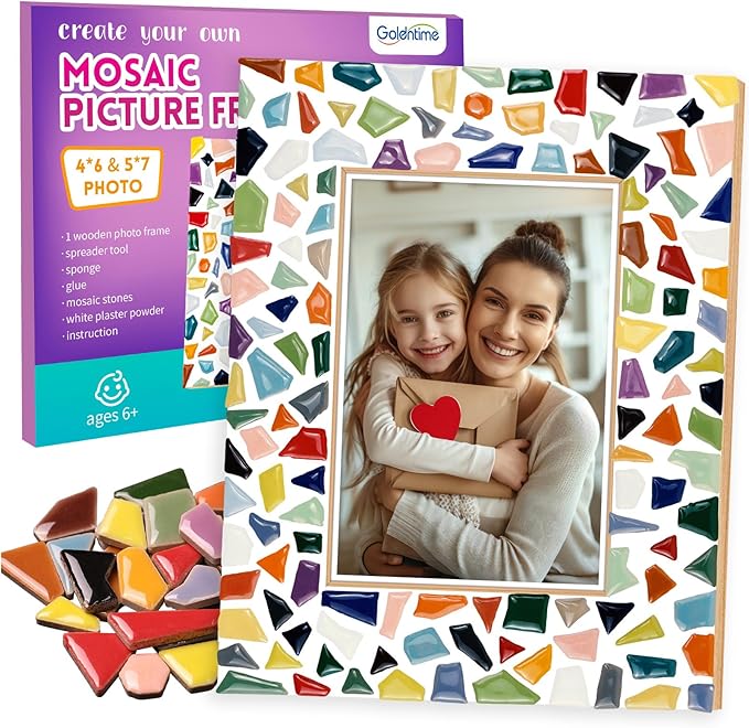 goldentime Decorate Your Own Mosaic Picture Frame - DIY Mosaic Craft Kits Fun Arts and Crafts for Adults Christmas Valentine Birthday Father’s Day Gifts