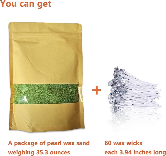 DRMAISON Pearled Candle Wax Sand DIY Kit - 35.3 oz, Mung Bean Green, Non-Toxic&Smoke-Free, Refillable with 60 Wicks, Long-Lasting Flame, Highly Customizable for Wedding, Party&Holiday Decor