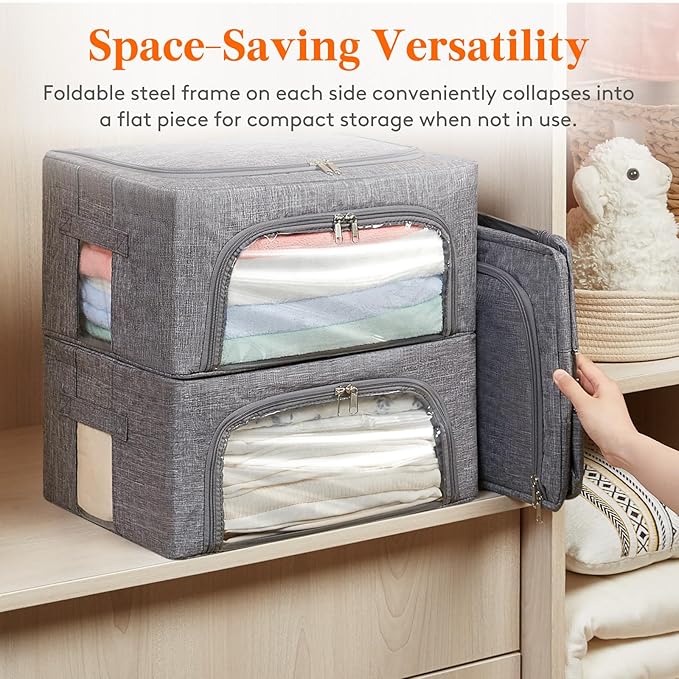 Lifewit Clothes Storage Bins with Metal Frame, Stackable Storage Box, Foldable Clothing Storage Bins with Lids, 25L Storage Bags Fabric Box Organizer with Clear Window＆ Zippers＆ Sturdy Handles 4 Pack