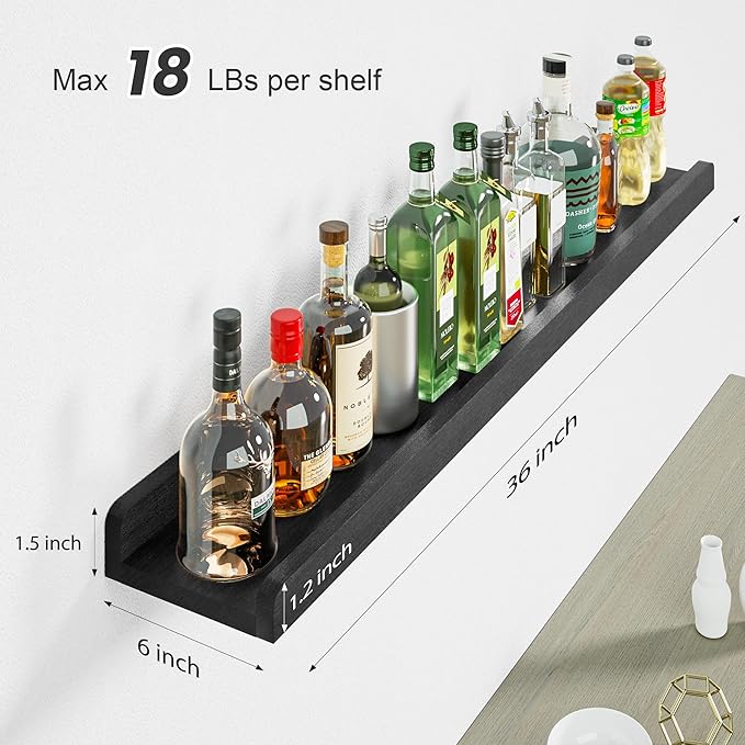 Love-KANKEI 36 Inch Long Floating Shelves Wall Mounted Set of 2, Large Wood Wall Shelves for Storage,Rustic Hanging Shelves for Display,Bedroom, Living Room,Bathroom,Kitchen, Black