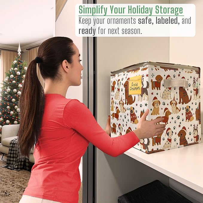 VENO 4 Pack Christmas Ornament Storage Box, Stores up to 64 Holiday Ornaments, Adjustable Dividers, Zippered Top, Storage bins with lids for holiday decorations-3 Inch Cube Compartments (Holiday Pups)