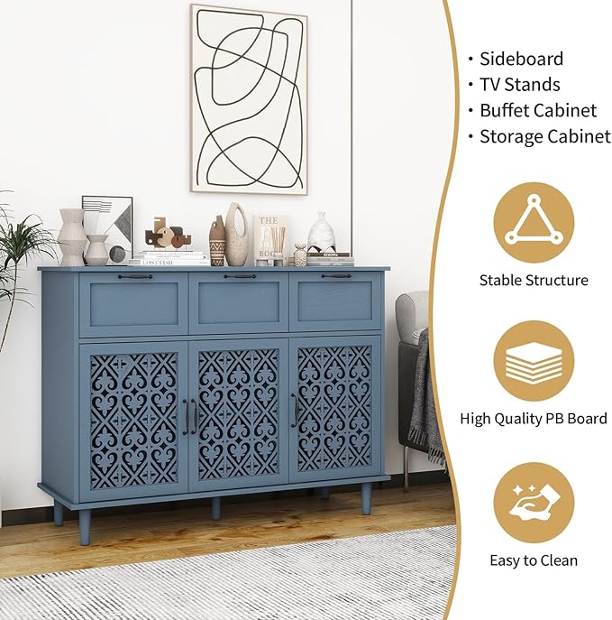 Blue 3 Doors 3 Drawers Buffet Sideboard Cabinet - Accent Cabinet with Adjustable Shelves，47 Inch Wide Wood Storage Cabinets for Dining Room,Living Room and Kitchen