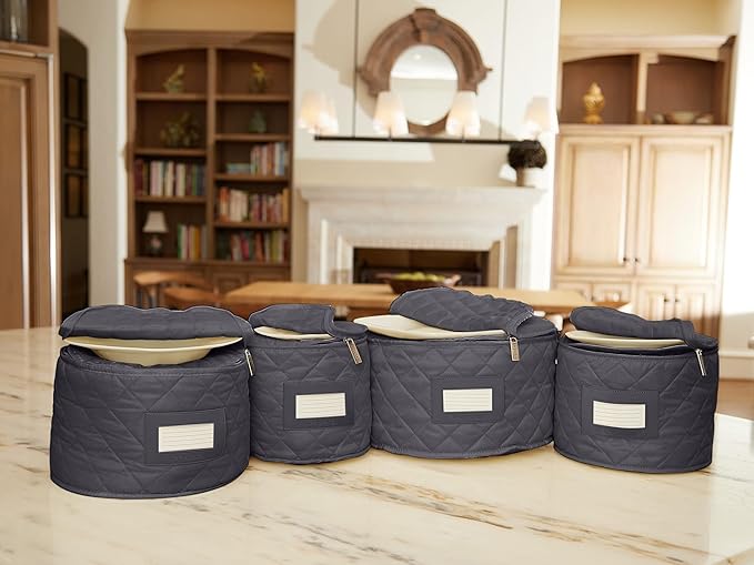 Covermates Keepsakes Dish Storage Set – Padded China & Dinnerware Storage Cases with Dividers, Cup & Stemware Storage, Quilted Polyester Protection, ID Window, Slate