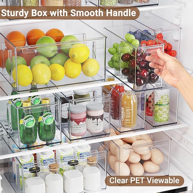 Clear Plastic Storage Bins with Dividers for Fridge Pantry Organizers and Storage Containers, 6 Pack Acrylic Stackable Sturdy Storage Boxes for Home Edit and Cabinet Organizers 6" High, C6-3