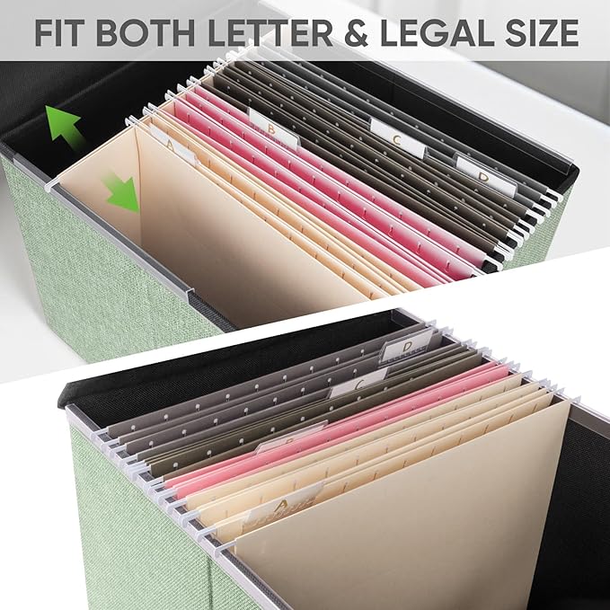 BALEINE File Organizer Box with Lid, Collapsible File Folder Organizer with Plastic Slide, Hanging File Folder Box for Office Document Storage (1 Pack, Green)