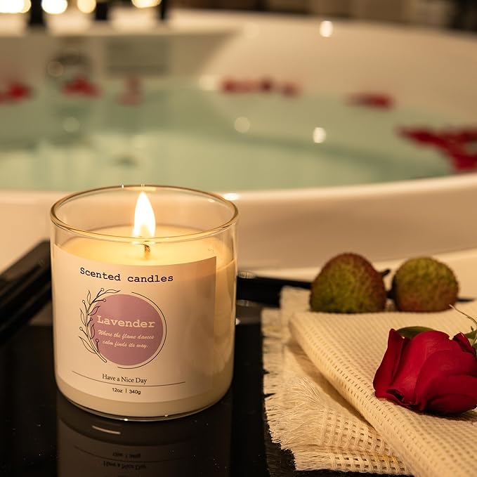 Lavender Scented Candle – 100% Natural Soy Wax, Cotton Wick, Odor Eliminating, Calming Herbal Aroma, 12oz, 60 Hour Burn, White – Ideal for Home Decor, Spa, Bath, Parties & Gifts