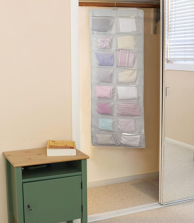 Simple Houseware Double-Sided Hanging Closet Organizer, 24-Pocket Bra & Underwear Storage with Rotating Hanger, Mesh Fabric, Gray, 1 Pack