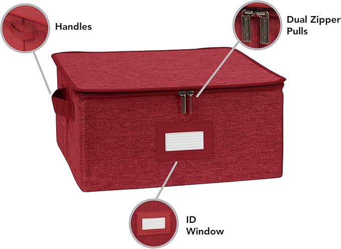Covermates Dish Storage Box – China & Dinner Plate Storage Container with Dual Zippers, Reinforced Handles, ID Window & Stackable Structured Walls for Dishware Organization, Red Heather
