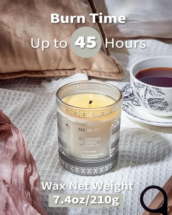 M&SENSE Sunshine Linen Soy Candles, 7.4oz 45 Hour Long Lasting Scented, All-Natural Luxury Candle for Home Decor, Winter Housewarming New Year Gifts