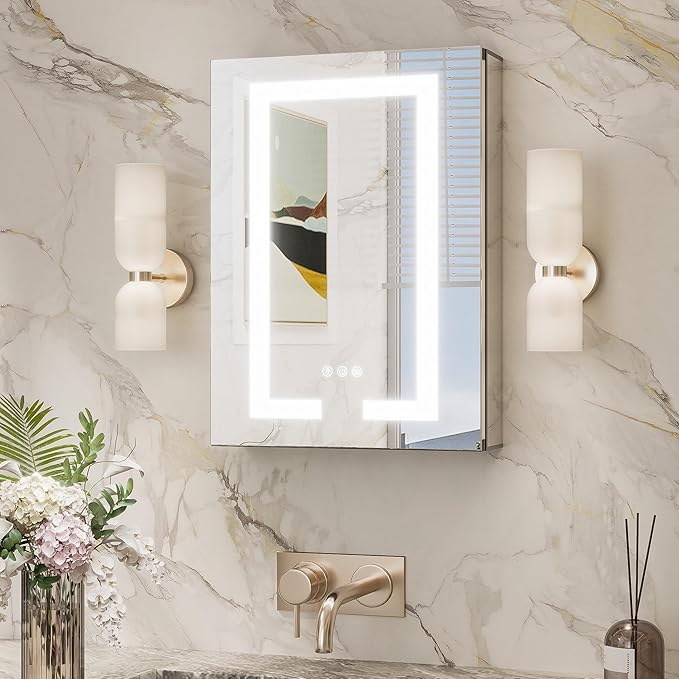 TokeShimi 16x24 Surface Mount or Recessed Medicine Cabinet with Lights 3 Colors Dimmable, Led Medicine Cabinet Mirror with Outlet and Defogger,2-Side Front Lit Bathroom Mirror with Storage