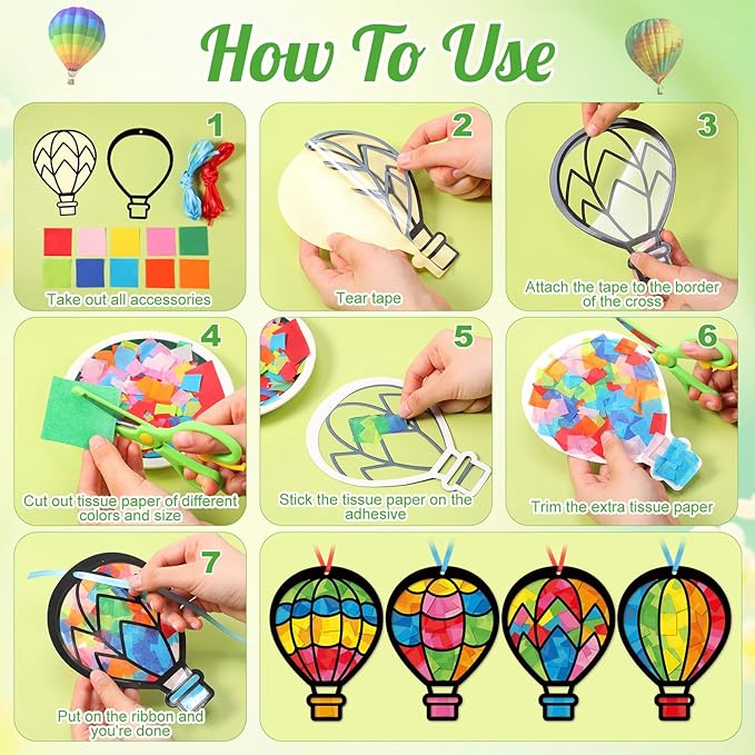 Tinlade 24 Sets Crafts Suncatcher Tissue Paper Craft Kit DIY Window Decor Make Your Own Cross Hanging Ornaments for Holiday Activities Party Favors(Hot Air Balloons)