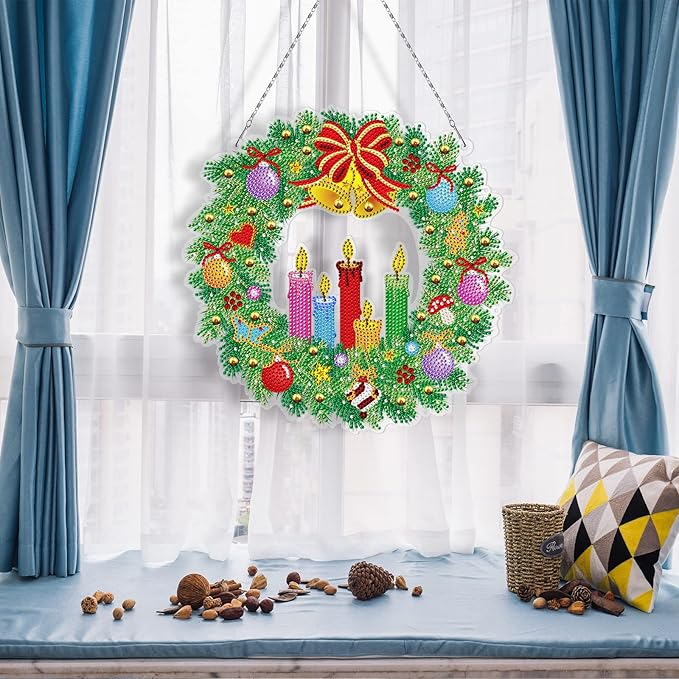 Diamond Art Christmas Candle Bells Wreath with LED Light String DIY 5D Diamond Dots Painting Christmas Hanging Pendant Special Shaped Gem Paint by Number Kits for Front Door Home Wall Christmas Decor