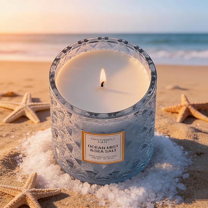 Chloefu LAN Ocean Candles Sea and Salt Candle with up to 55 Hour Long Lasting, Highly Scented, Luxury Air Freshening Jar Candles - Perfect Home Decor, Natural Soy Wax, Beach Candle, 8.1oz