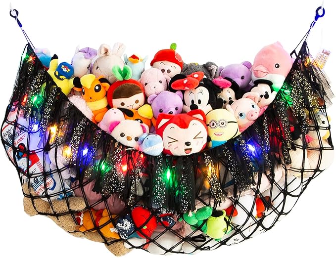 Large Stuffed Animal Hammock with Light Wall Mounted- Squishmallow Hammock Plushies Net Stuff Toy Organizer Boho Macrame Toy Hammock Corner Hanging Net for Nursery Storage Bedroom Playroom Decor-Black