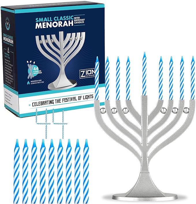 Zion Judaica Mini Classic Menorah with Mini Birthday Size Hanukkah Candles - Satin Silver Small Travel Minorah with 44 Blue and White Spiral Chanukah Candles - On The Go Hanukkiah Cute Hanukkah Gift