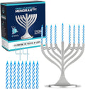 Zion Judaica Mini Classic Menorah with Mini Birthday Size Hanukkah Candles - Satin Silver Small Travel Minorah with 44 Blue and White Spiral Chanukah Candles - On The Go Hanukkiah Cute Hanukkah Gift