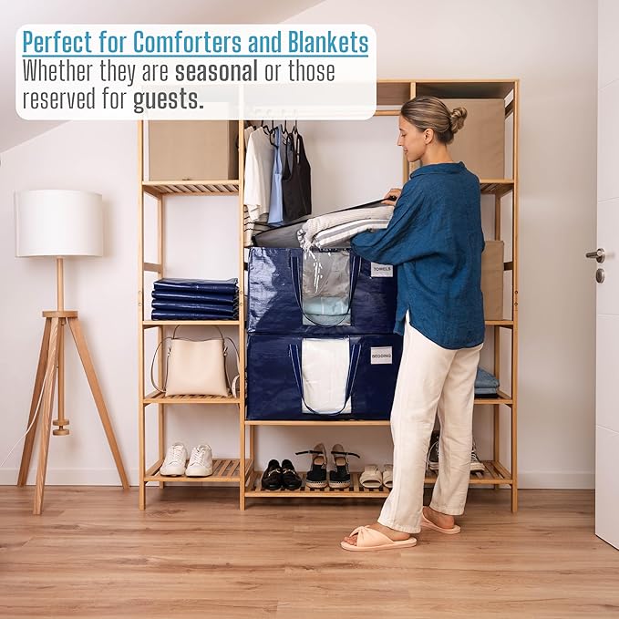 VENO 2 Pack Heavy Duty Moving Bags, Clothes and Comforter Storage Bags with Clear Window, College Dorm Essentials Packing Supplies, Foldable Boxes Alternative (Blue, 2 Pack)