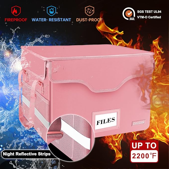 DocSafe Fireproof Document Box with Lock,File Storage Organizer with Zipper Pockets,Collapsible Portable File Box Home Office Safe Filing Cabinet with Handle for Hanging Letter/Legal Folder,Pink