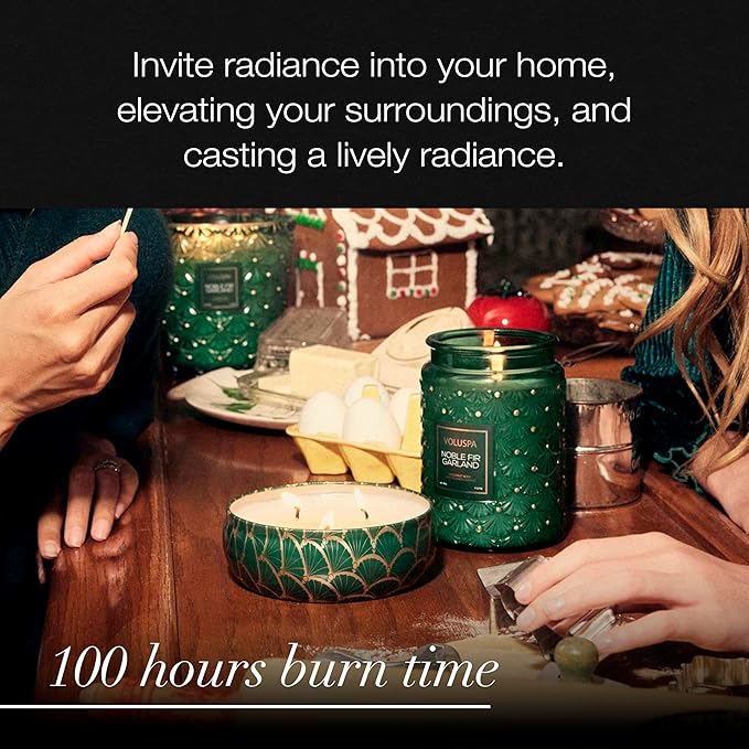 Voluspa Noble Fir Garland, Large Candle Jar, 18oz, Coconut Wax Blend, Scented Candles for Home, 100 Hour Burn Time, Poured in The USA