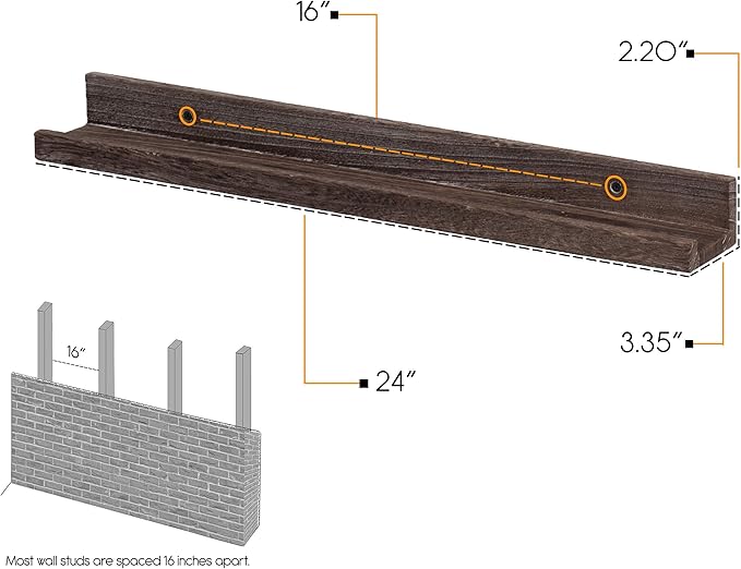 Rustic State Ted 24" Wall Mount Narrow Picture Ledge Photo Frame Display - Wooden Floating Shelves for Living Room Office Kitchen Bedroom Bathroom Décor - Distressed Brown - Set of 2