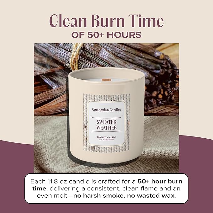 Companion Candles Sweater Weather Pet-Friendly Scented Candle – Smoked Vanilla & Cashmere Fragrance - Coconut Soy Wax Candle with Wooden Wick, Approx. 50-Hour Burn Time, Made in USA, 11.8 oz