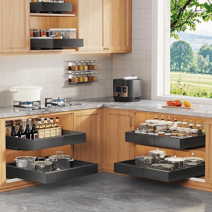 4 Pack Expandable Pull Out Cabinet Organizer 21"Deep With Raising Pad for Framed Cabinets,Upgrade 3 Slide Rails Slide Out Drawers,No Drill Roll Out Shelves,Adjustable Width 12.1"-20.4" Black
