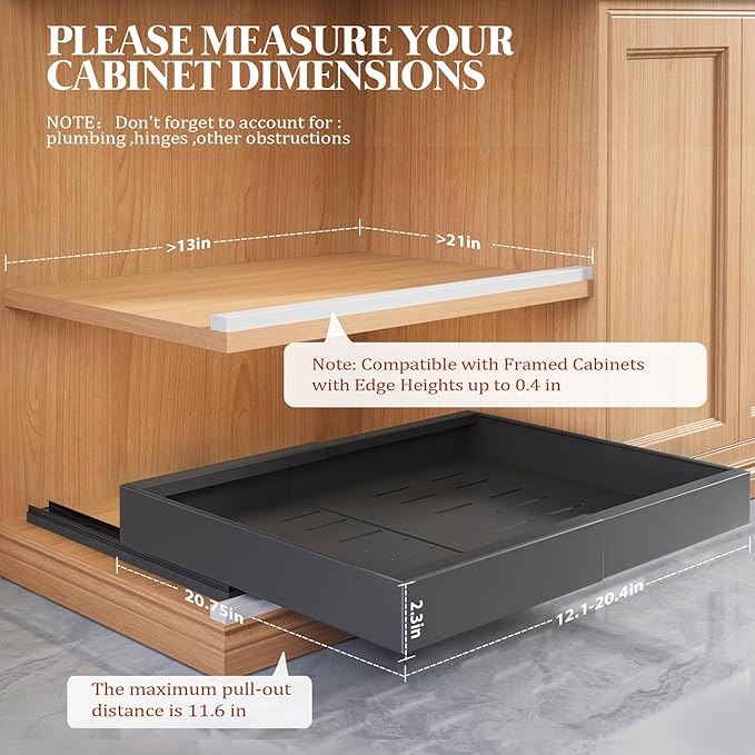 4 Pack Expandable Pull Out Cabinet Organizer 21"Deep With Raising Pad for Framed Cabinets,Upgrade 3 Slide Rails Slide Out Drawers,No Drill Roll Out Shelves,Adjustable Width 12.1"-20.4" Black