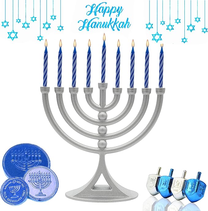 Hanukkah Silver Matte Mini Menorah with Candles Classic 5 Inch Great for Travel, Hanukkah Decor Centerpiece