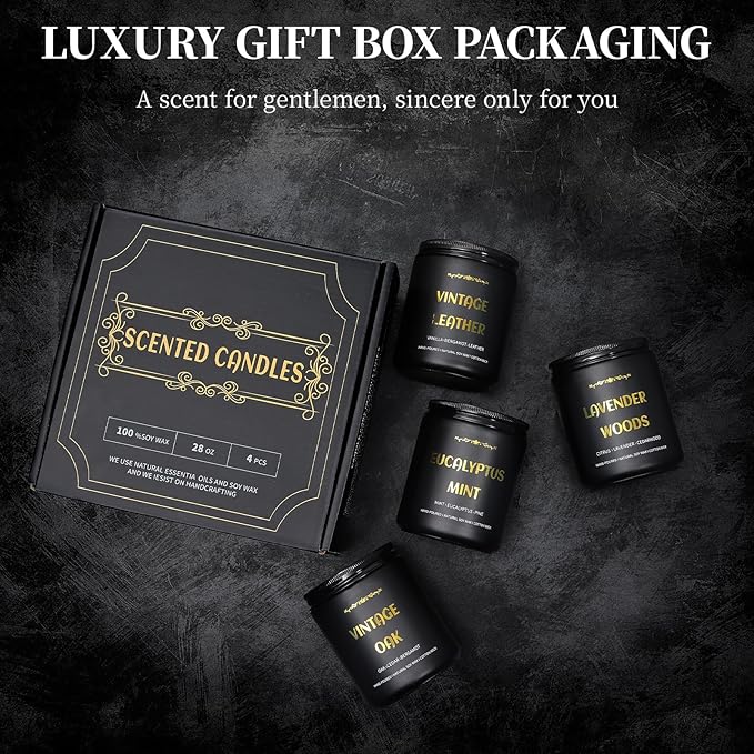Scented Candles for Men, 4 Pack Mens Candle Set, Soy Candles for Home Scented, Masculine Candle Gifts for Him, 28oz, 200 Hours Burning Time Aromatherapy Candles of Lavender/Eucalyptus/Leather/Oak