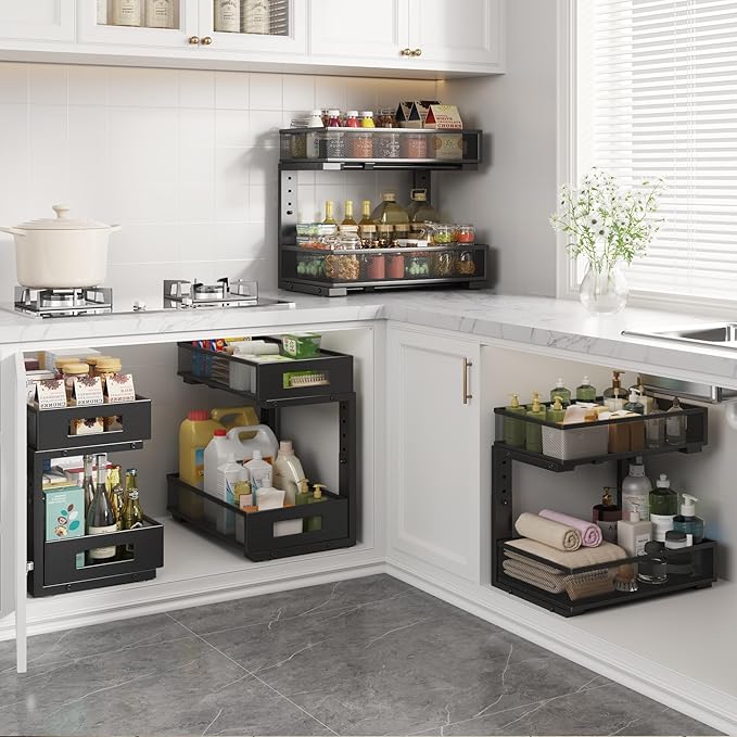 2-Pack Under Sink Organizers And Storage,Large Capacity 2-Tier Pull-Out Cabinet Organizer With Upgraded Tube Rails,Adjustable Height Sliding Drawers,Sturdy Mesh Shelves For Kitchen&Bathroom-Black