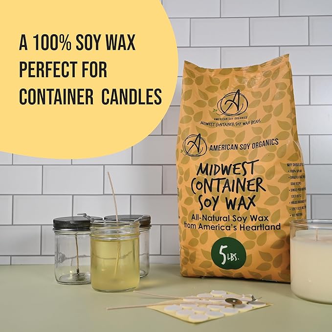 American Soy Organics 100% Midwest Soy Beads for Candle Making - Natural Supplies - Paraffin-Free, Beeswax-Free Candle Wax for Container Candles, Tealights and Wax Melts, 10 lbs