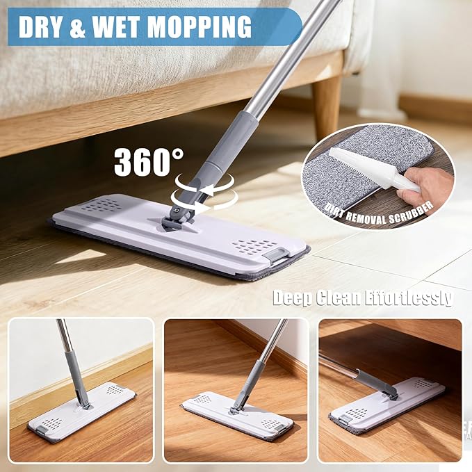 Mops for Floor Cleaning with 57" Long Handle, Baseboard Cleaner Tool with 84" Handle, 2 Reusable Pads, Wet and Dust Mopping for Hardwood, Laminate, Tile Floor, Skirting Board, 7Pcs Gray