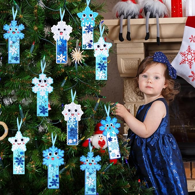Funrous 48 Sets Winter Crafts Kit Snowflake Bookmarks Bulk DIY Make Your Own Christmas Hanging Ornaments Arts with Pompoms Diamond Stickers for Holiday Classroom Activities Wonderland Party Favors