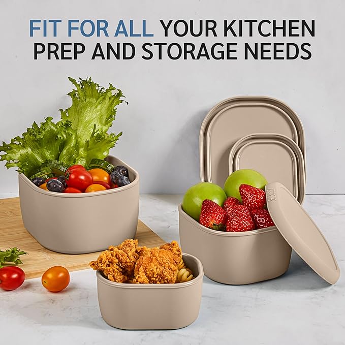ISSEVE 12Pcs/Set Nesting Silicone Food Storage Containers with Lids, BPA Free Reusable Meal Prep Silicone Containers Airtight, Freezer Dishwasher Safe (33.8oz, 20oz, 10oz, 6.7oz, 1.3oz) (Beige)