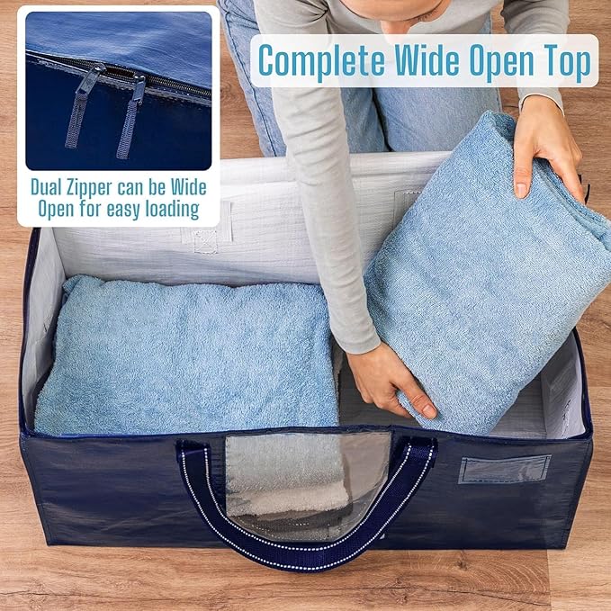 VENO 8 Pack Heavy Duty Moving Bags, Clothes and Comforter Storage Bags with Clear Window, College Dorm Essentials Packing Supplies, Foldable Boxes Alternative (Blue, 8 Pack)
