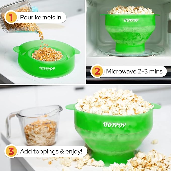 The Original Hotpop Microwave Popcorn Popper, Silicone Popcorn Maker, Collapsible Bowl BPA-Free and Dishwasher Safe- 20 Colors Available (Transparent Green)