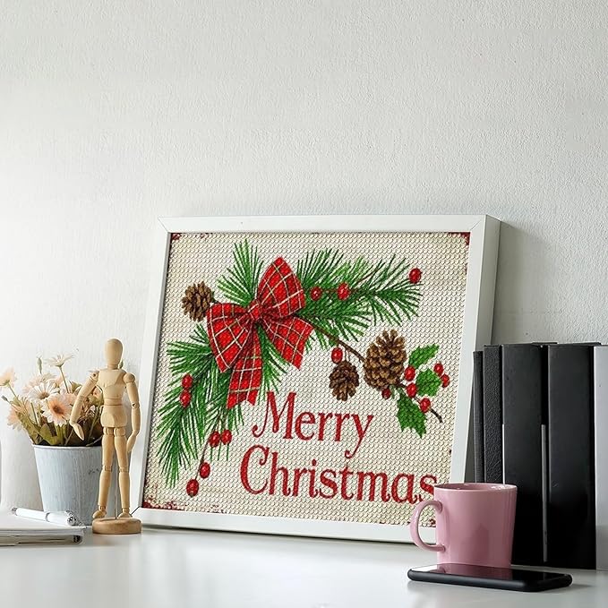 AIVKIEJK Diamond Painting Kits for Adults - Merry Christmas Holly, Pine Cones & Red Plaid Bow Painting DIY 5D Full Drill Diamond Dots Paintings with Diamonds Gem Art and Crafts Home Decor 16"x20"