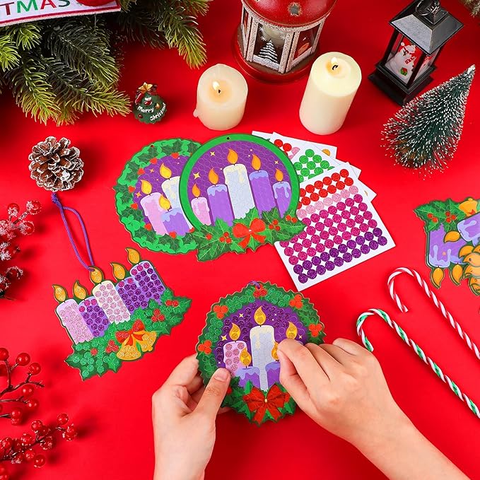Baderke 30 Sets Christmas Advent Craft Kit Make Your Own Glitter Mosaic Advent Candle Craft DIY Glitter Mosaic Christmas Wreath Ornament for Xmas Home Activities