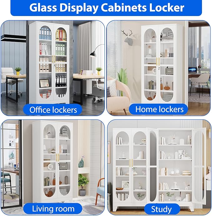 Ckzbx Metal Locker Storage Cabinet with Glass Door 71" H Locking Tool File Cabinets Snack Locker Organizer for School Classroom,Bedroom,Gym Home Office,Entryway and Hallway (White)