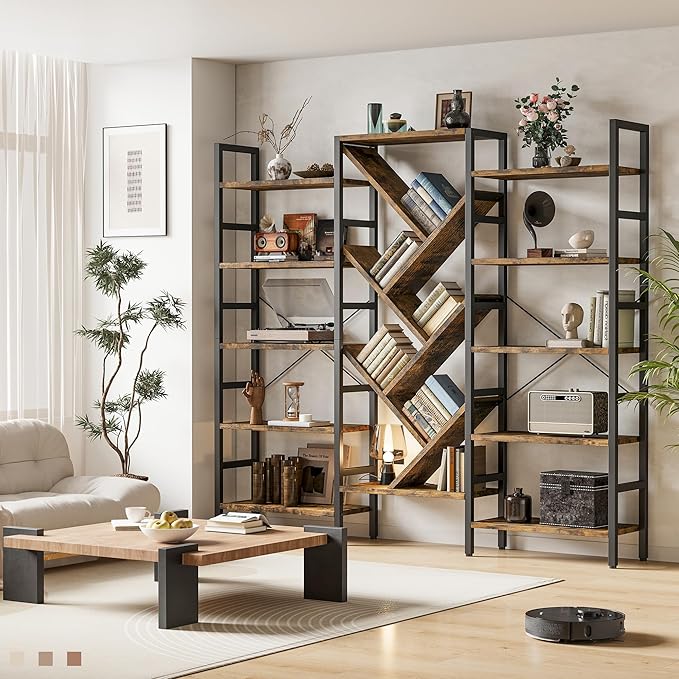 70x70 Triple 5 Tier Book Shelf, Large Wooden Bookcase with 17 Open Display Shelf, Modern Tree Bookshelf Metal Frame Tall Book Case Furniture for Living Room Bedroom Home Office Rustic Brown